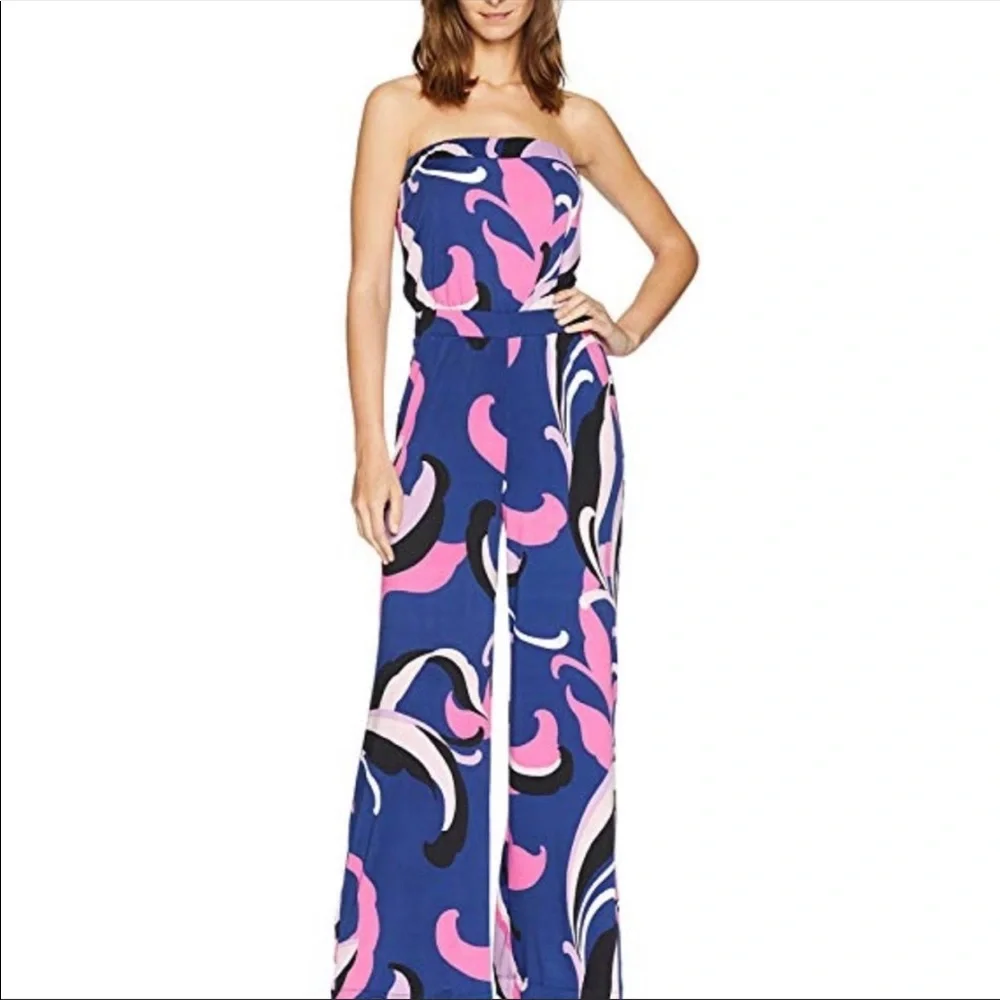 Trina Turk Blue Pink Black Strapless Printed Jumpsuit